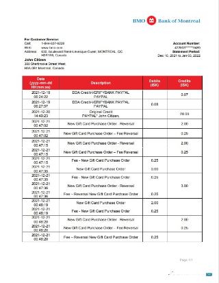 Download Canada Bank of Montreal bank statement word